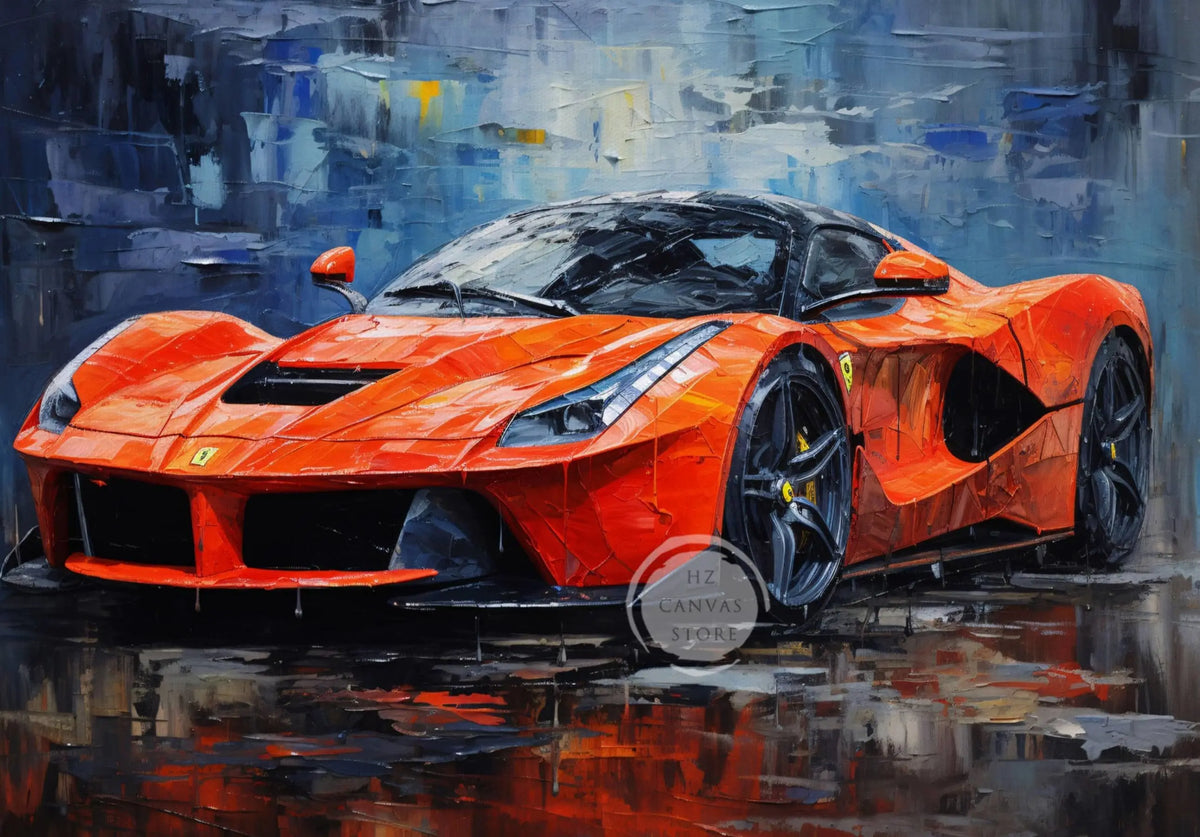 An oil painting of a bright orange sports car with a dark gray background and reflective surface.