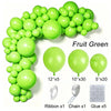 A green latex balloon garland kit showing various sizes of balloons, ribbon, chain, and glue.