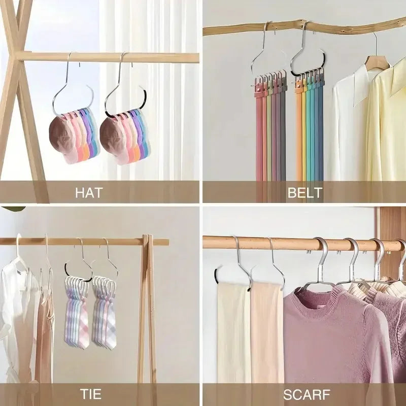 A set of five non-slip wall-mounted hooks for organizing baseball caps, belts, ties, and scarves on a wooden rack.