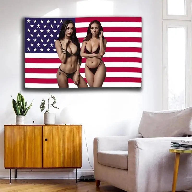 A tapestry featuring two women in revealing outfits against an American flag background.