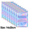 A set of holographic rainbow resealable bags stacked in a row.