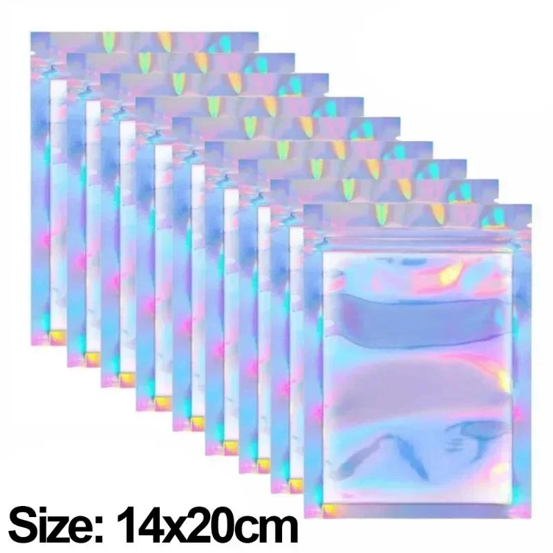A set of holographic rainbow resealable bags stacked in a row.