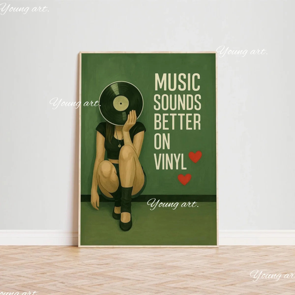 A canvas art print featuring a woman sitting and holding a black vinyl record on a green background.