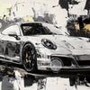 A vintage oil painting style canvas art depiction of a silver Porsche sports car.