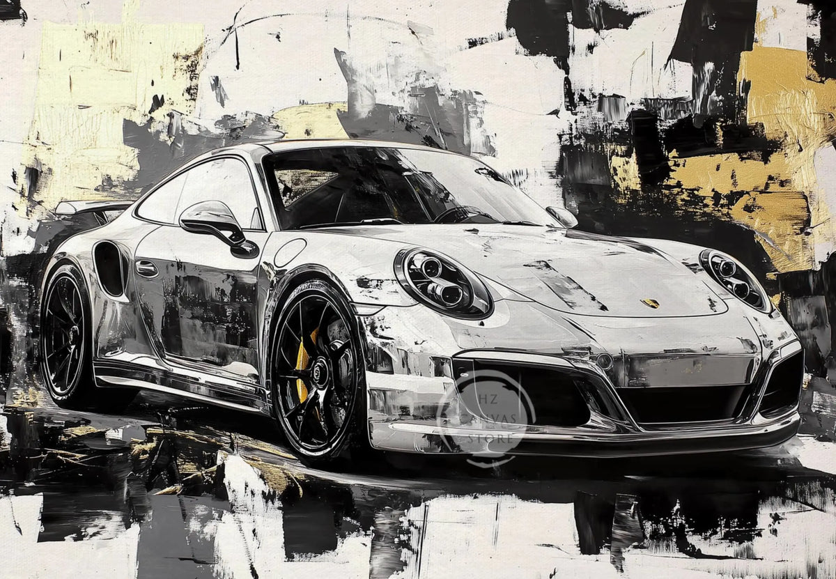A vintage oil painting style canvas art depiction of a silver Porsche sports car.