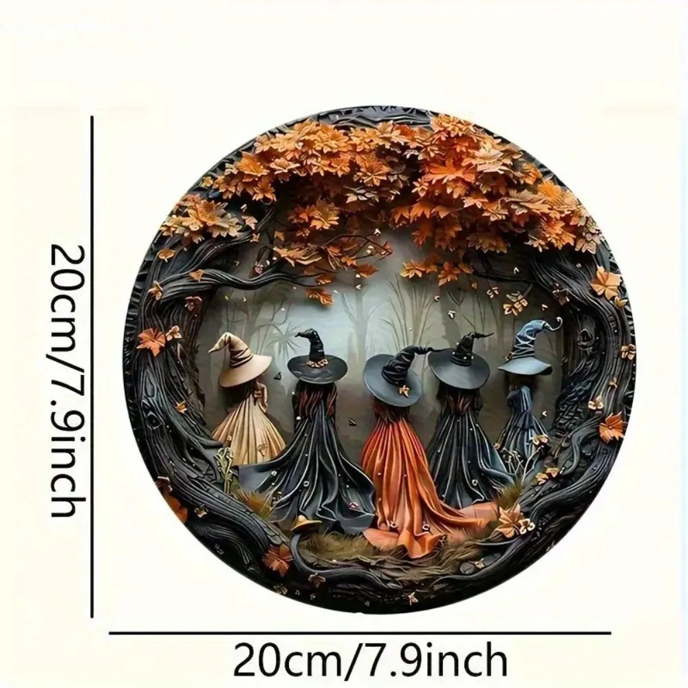 Circular wooden decor sign featuring a witch figure surrounded by autumn leaves and dark branches.