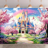 A vibrant fantasy scene featuring a large castle surrounded by pink cherry blossoms and colorful flowers.