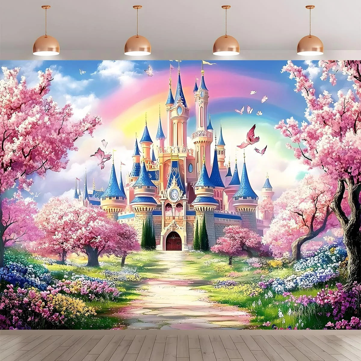A vibrant fantasy scene featuring a large castle surrounded by pink cherry blossoms and colorful flowers.