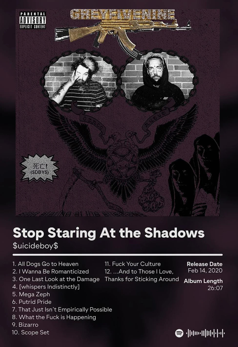 Album cover art for Stop Staring At the Shadows featuring a silhouette of an eagle and various band members.