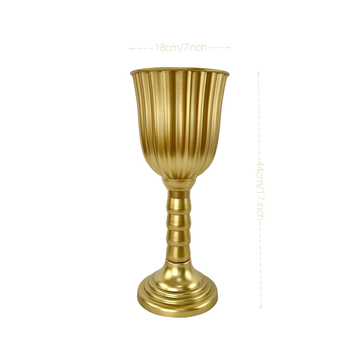 Elegant gold cylinder flower vase with a flared rim and a decorative pedestal base.