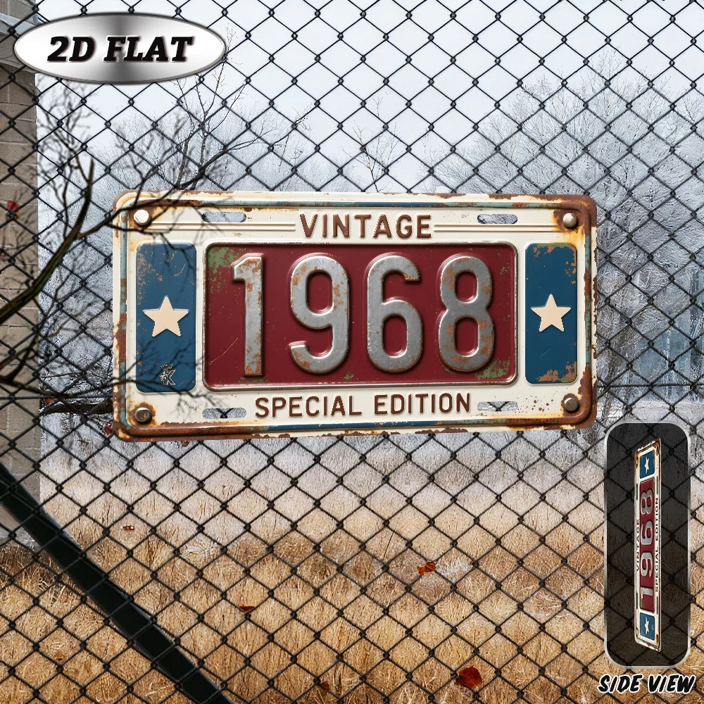 A vintage metal year wall plaque for 1968 displayed on a chain-link fence.