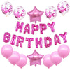 A set of pink and blue foil letter balloons shaped like letters and a star for a birthday party decoration.
