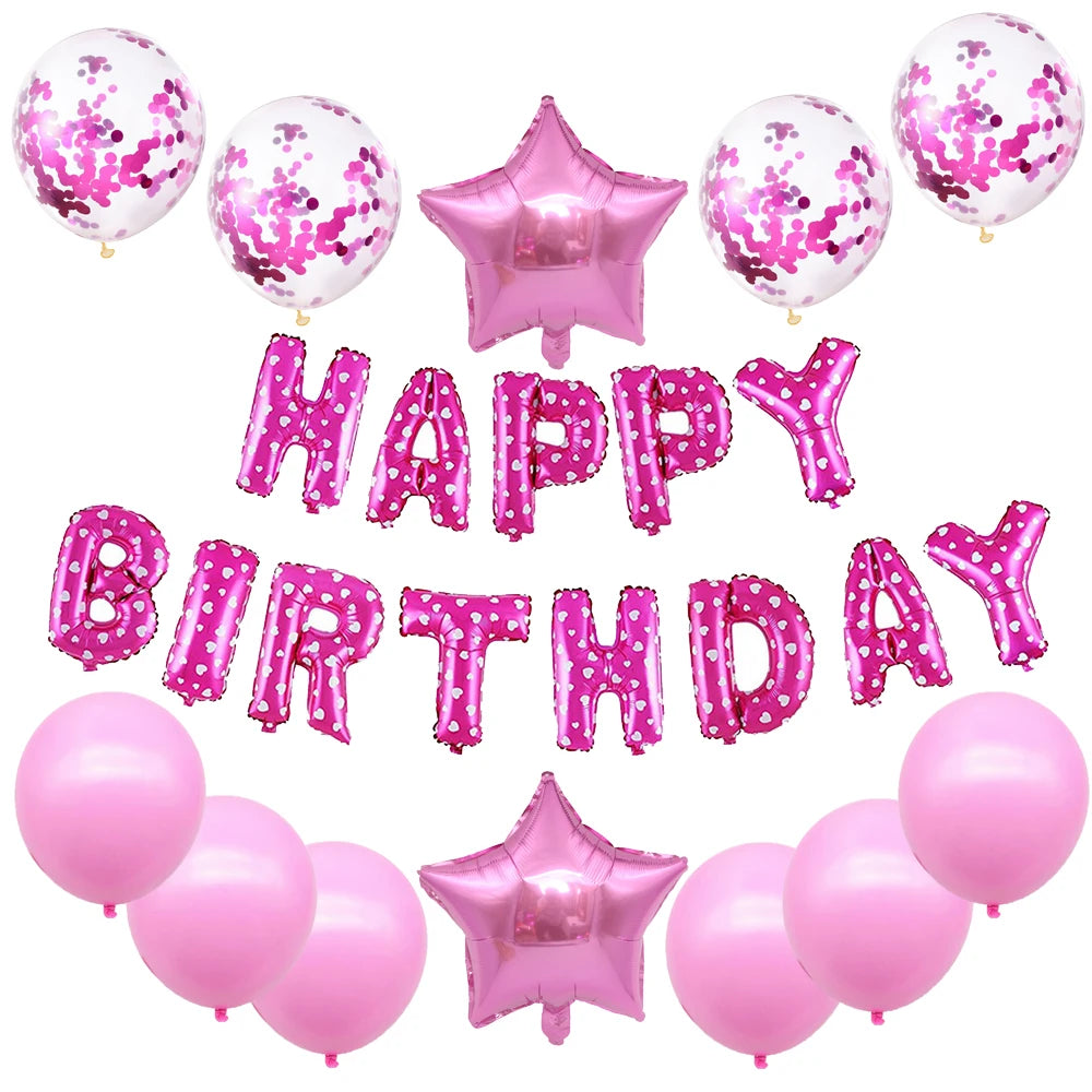 A set of pink and blue foil letter balloons shaped like letters and a star for a birthday party decoration.