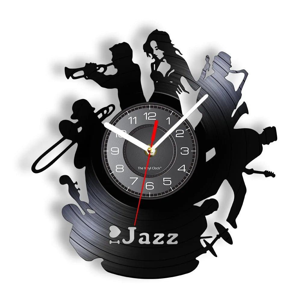 A black wall clock shaped like a vinyl record featuring silhouettes of jazz musicians and a clock face.