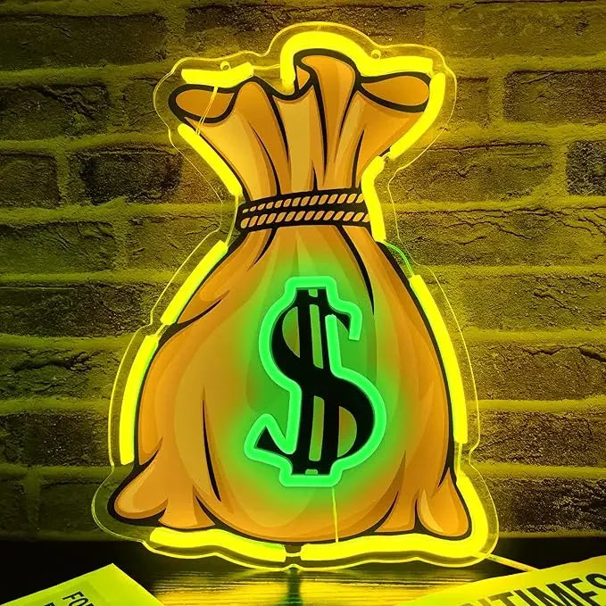 Neon dollar sign LED wall light shaped like a sack of gold on a brick background.