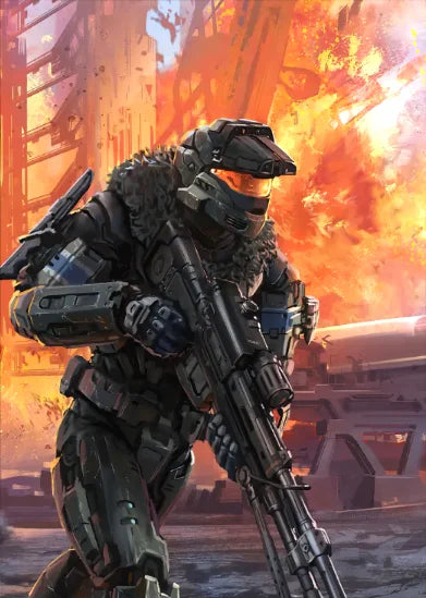 A Master Chief figure in armor stands ready with a rifle against a fiery, dramatic background.