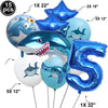 A collection of blue shark foil balloons in various sizes including 15 pieces, with a large 32 inch balloon visible.
