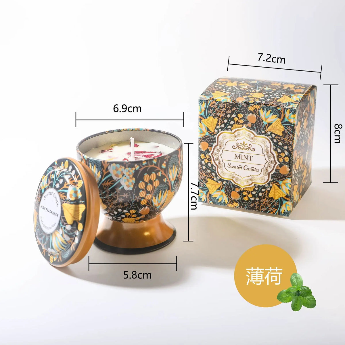 A gift set of soy wax aromatherapy candles in a decorative tin box and glass holder.