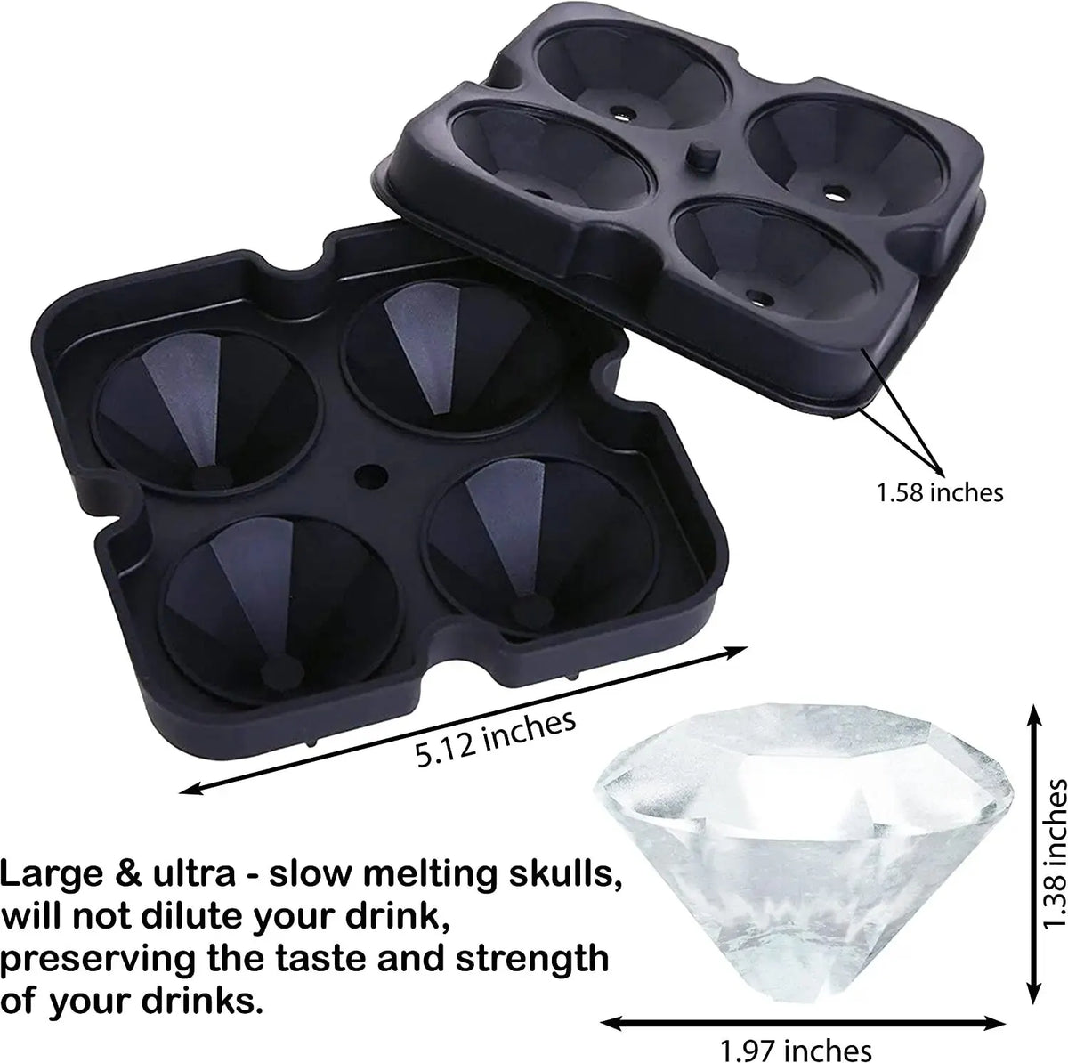 Black silicone ice mold set featuring skull, sphere, and diamond shapes for preserving drink flavor