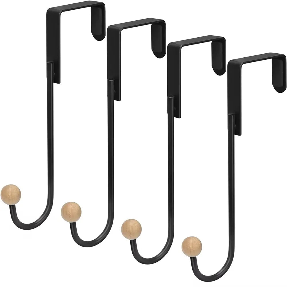 A pack of four black heavy duty over-the-door hooks with curved metal ends.