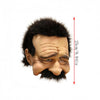 A realistic old man horror mask with a gray complexion, dark hair, and a prominent mustache, shown from the front.