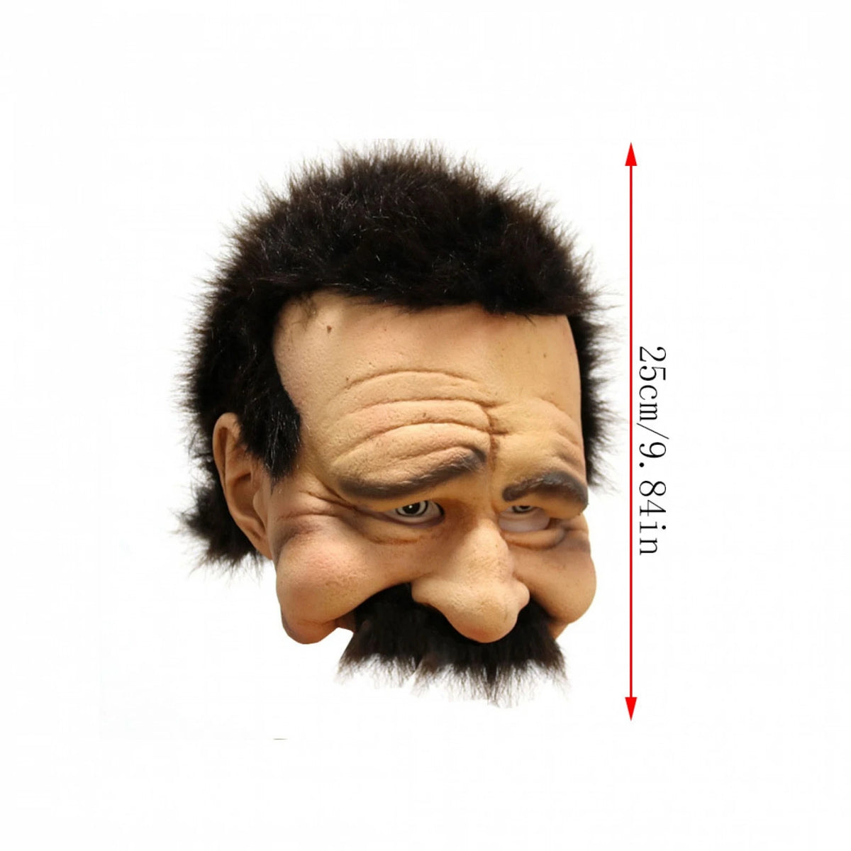 A realistic old man horror mask with a gray complexion, dark hair, and a prominent mustache, shown from the front.
