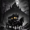 A silhouette of a horse-drawn carriage on a foggy path with a dark castle and moon in the background.