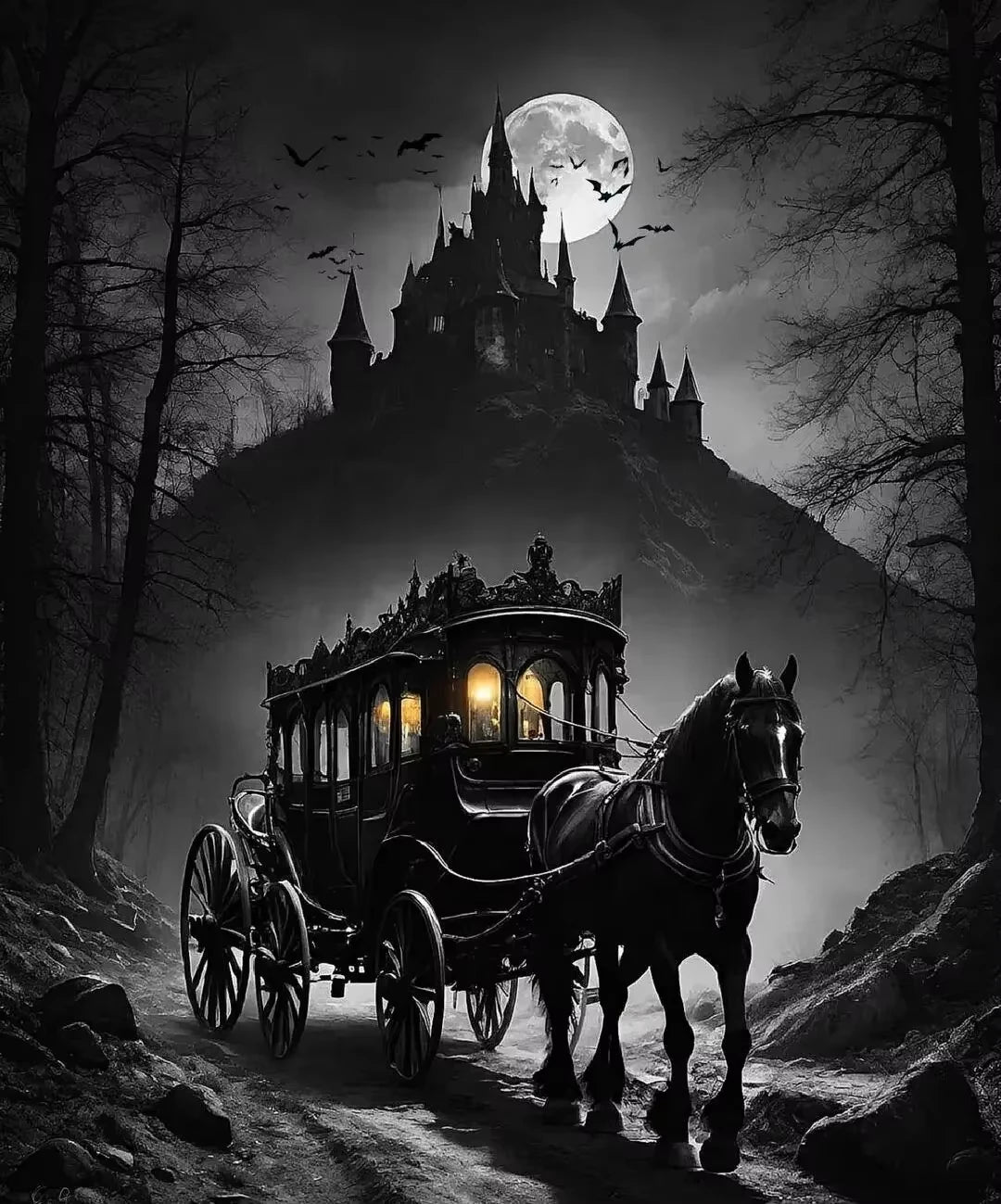A silhouette of a horse-drawn carriage on a foggy path with a dark castle and moon in the background.