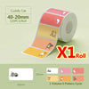 Roll of thermal label paper with various cat-themed designs, showing a 6-pattern volume.