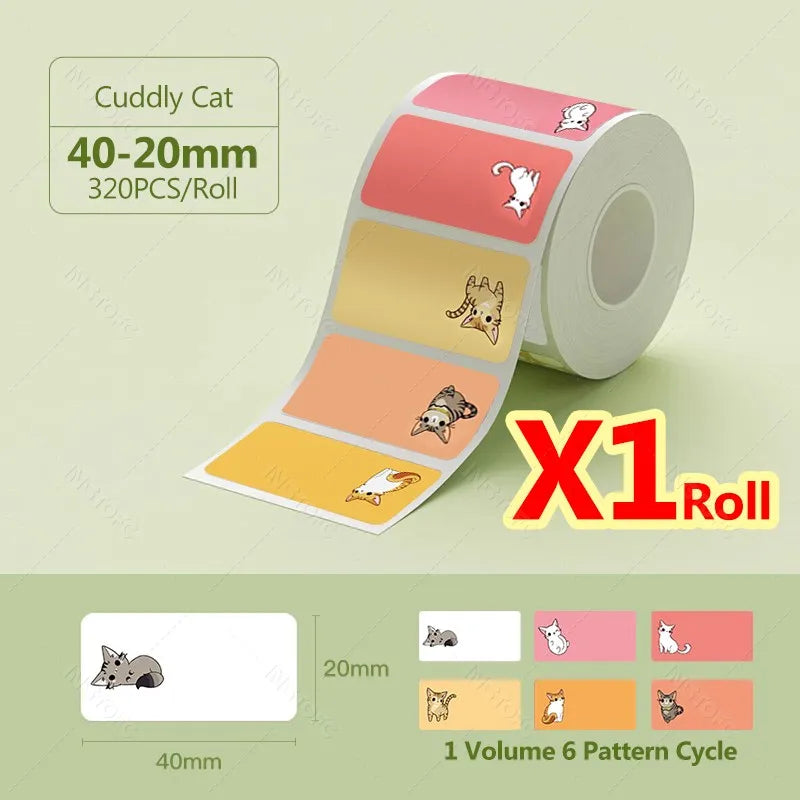Roll of thermal label paper with various cat-themed designs, showing a 6-pattern volume.