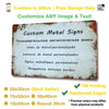 A rectangular, distressed metal sign with various text options and dimensions listed below it.