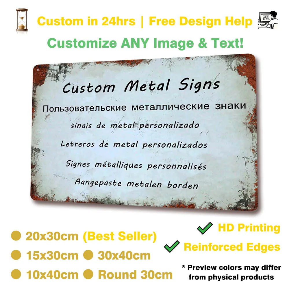 A rectangular, distressed metal sign with various text options and dimensions listed below it.