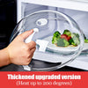 A hand is holding a transparent microwave splatter guard with a steam vent and handle over a plate of food.