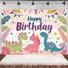A colorful dinosaur birthday party backdrop featuring three cartoon dinosaurs against a floral and festive background.