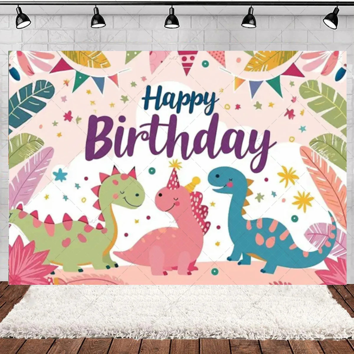 A colorful dinosaur birthday party backdrop featuring three cartoon dinosaurs against a floral and festive background.