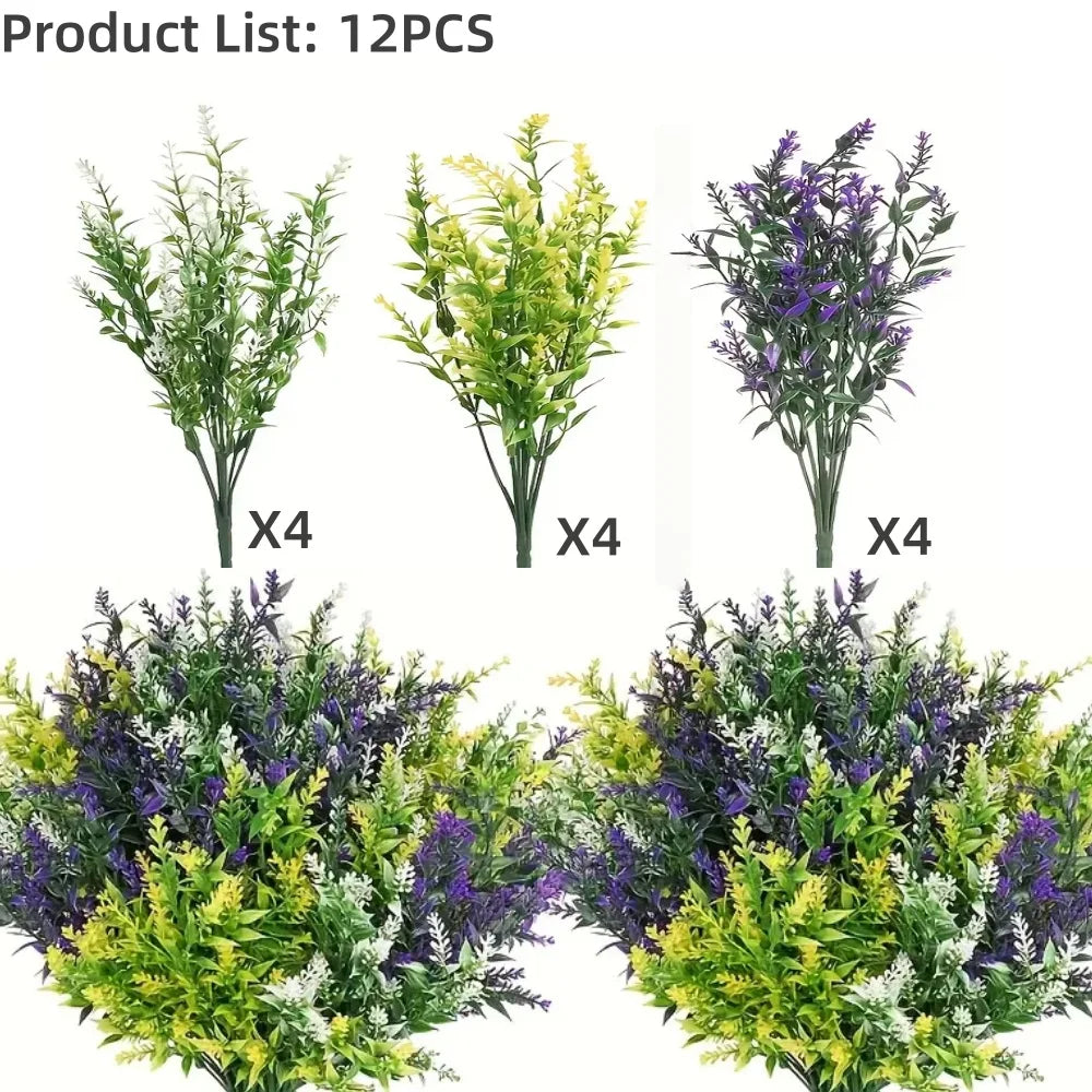 Four sets of artificial lavender stems shown in various colors and arrangements for outdoor decor