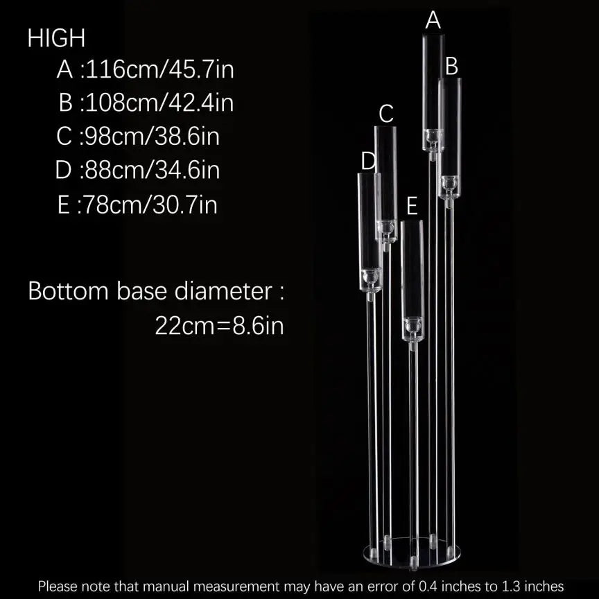 Diagramme montrant les dimensions d'un candélabre à 5 bras en acrylique LED étiquetés A à E et son diamètre de base inférieur
