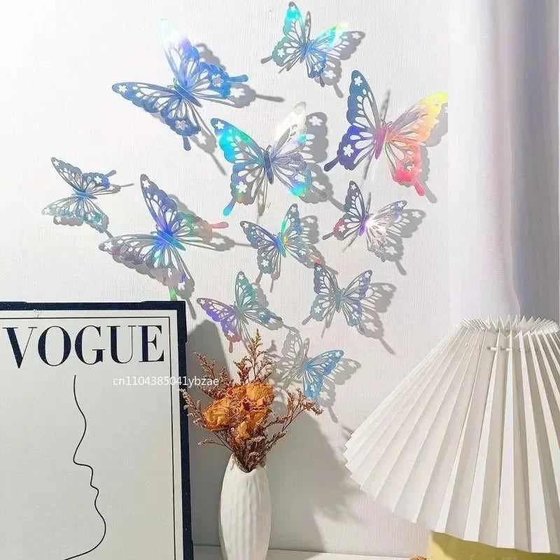 A set of 3D hollow butterfly wall stickers in gold and silver metallic decor displayed on a white wall.