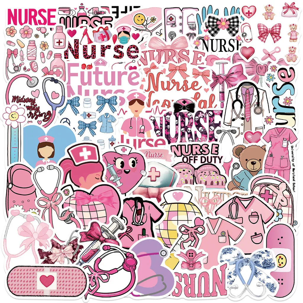 A colorful sticker pack featuring various nurse-themed graphics, including bows, medical symbols, and text.