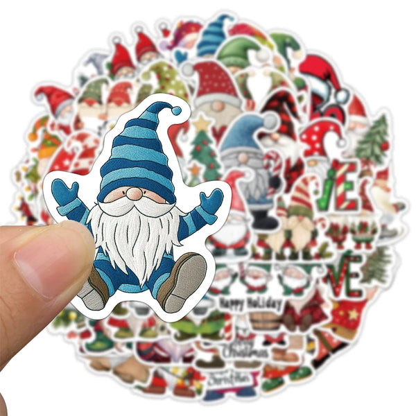 A circular sticker pack featuring various cute Christmas dwarf and Santa decorations in red, green, and blue.