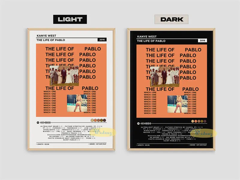 Decoración de pared en lienzo con arte de álbum de Kanye West, The Life of Pablo, en versiones luz y sombra