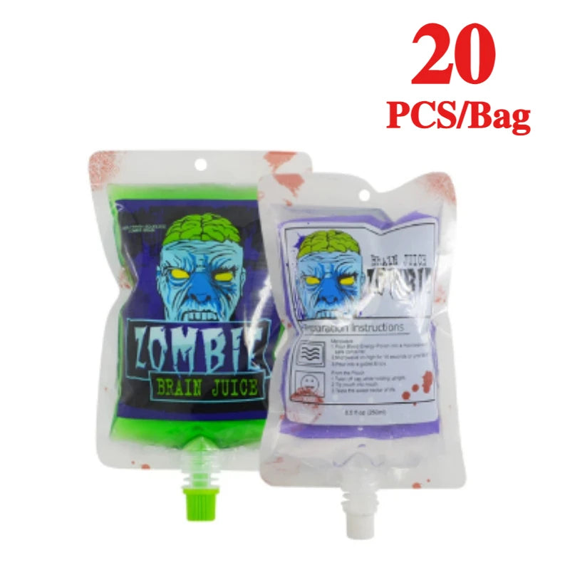 Un paquet de 20 verres à fête jetables dans un sac, avec des designs à thème zombie.