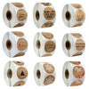 Rolls of kraft paper thank you stickers with various designs for small business packaging