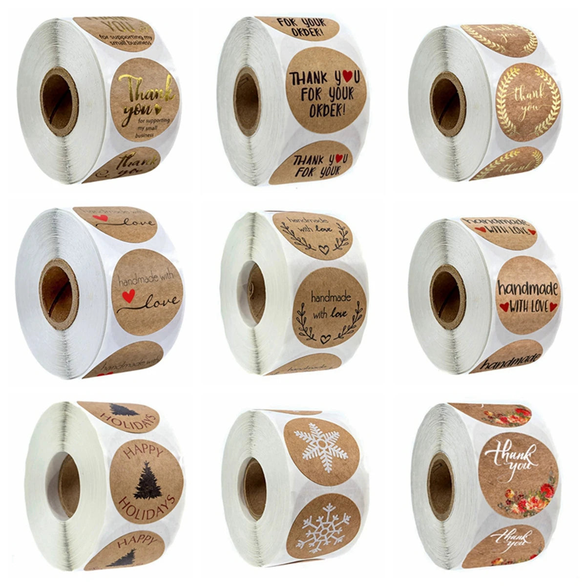 Rolls of kraft paper thank you stickers with various designs for small business packaging