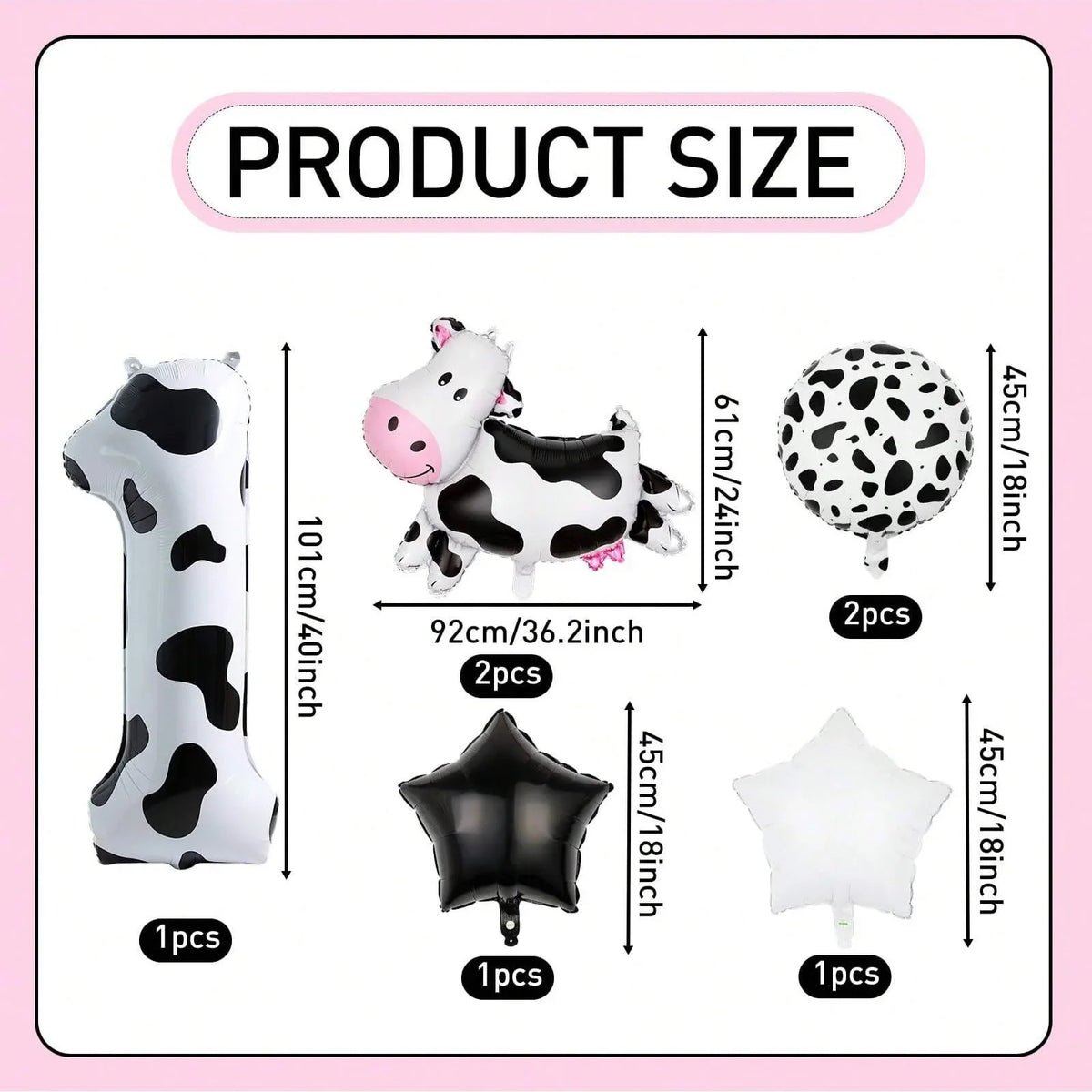 A set of cow print balloons including a large balloon, a black balloon, and a white balloon for a party.