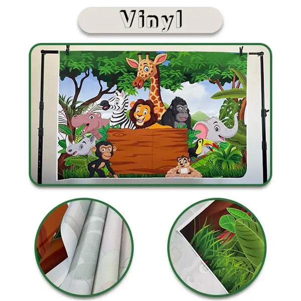 Bannière de porte de salle de musique vinyle avec des animaux de la jungle comme une girafe, un éléphant et des singes.