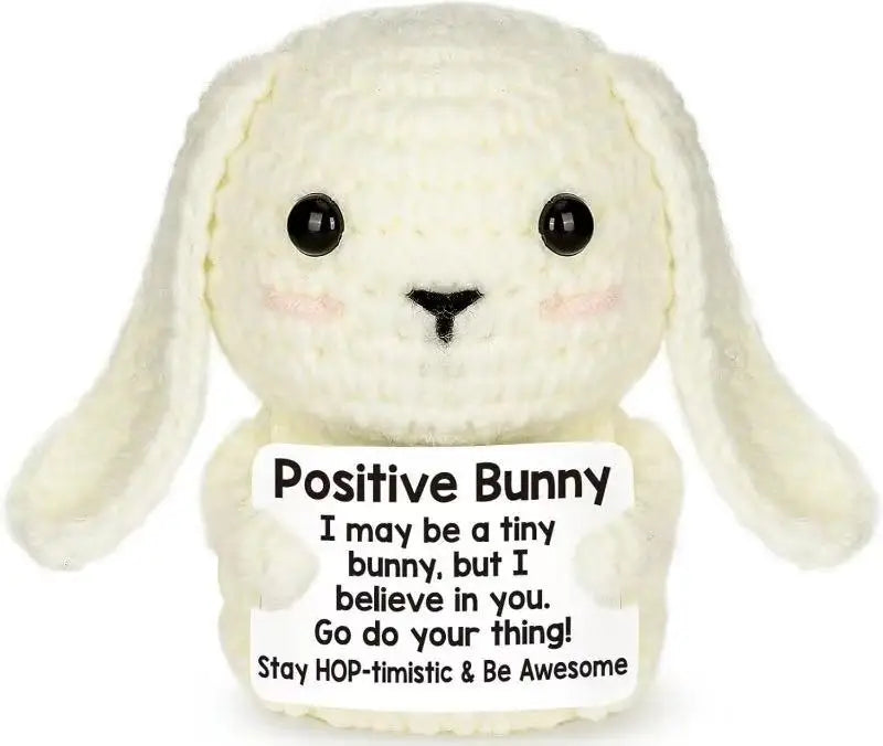 Handmade crochet bunny doll with a positivity card
