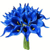 A bouquet of five vibrant blue calla lily flowers on a green stem.