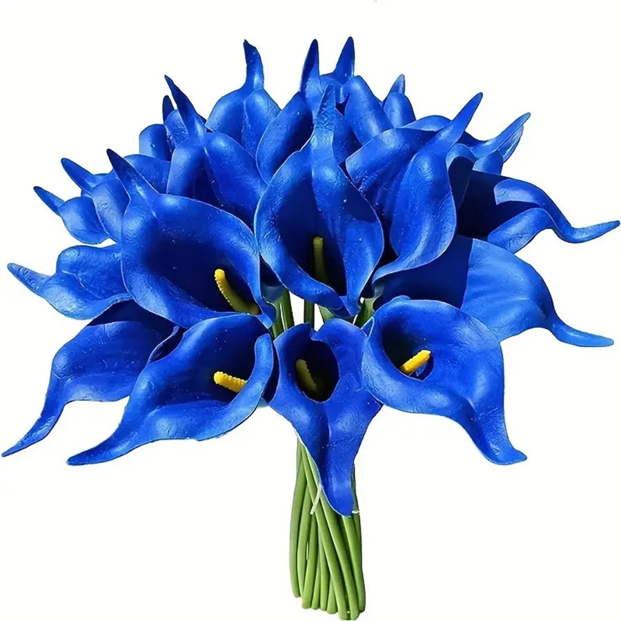 A bouquet of five vibrant blue calla lily flowers on a green stem.
