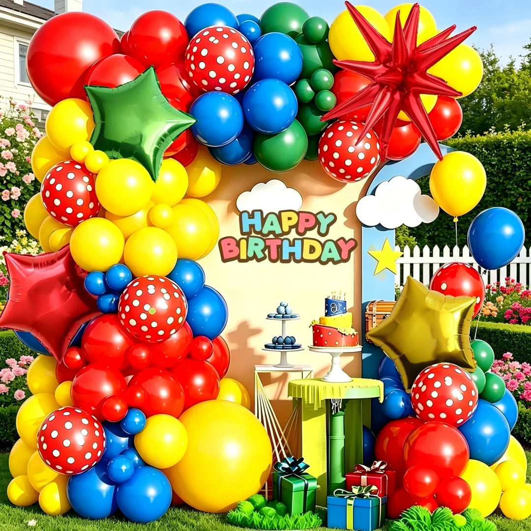 106-Piece Colorful Balloon Arch Decoration Set with Star Foil Balloons & Birthday Banner